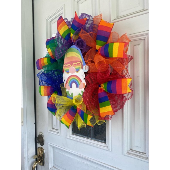 Everyone is Welcome Here Rainbow Gnome Pride Flag LGBTQ Sign Mesh Ribbon Wreath - Picture 7 of 9